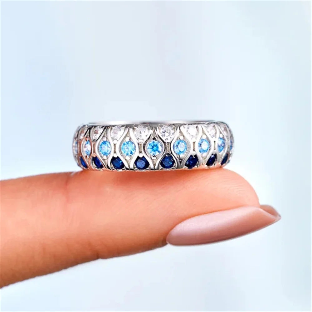 Cute Female White Blue Zircon Round Stone Silver Color Wedding Jewelry Promise Engagement Rings For Women