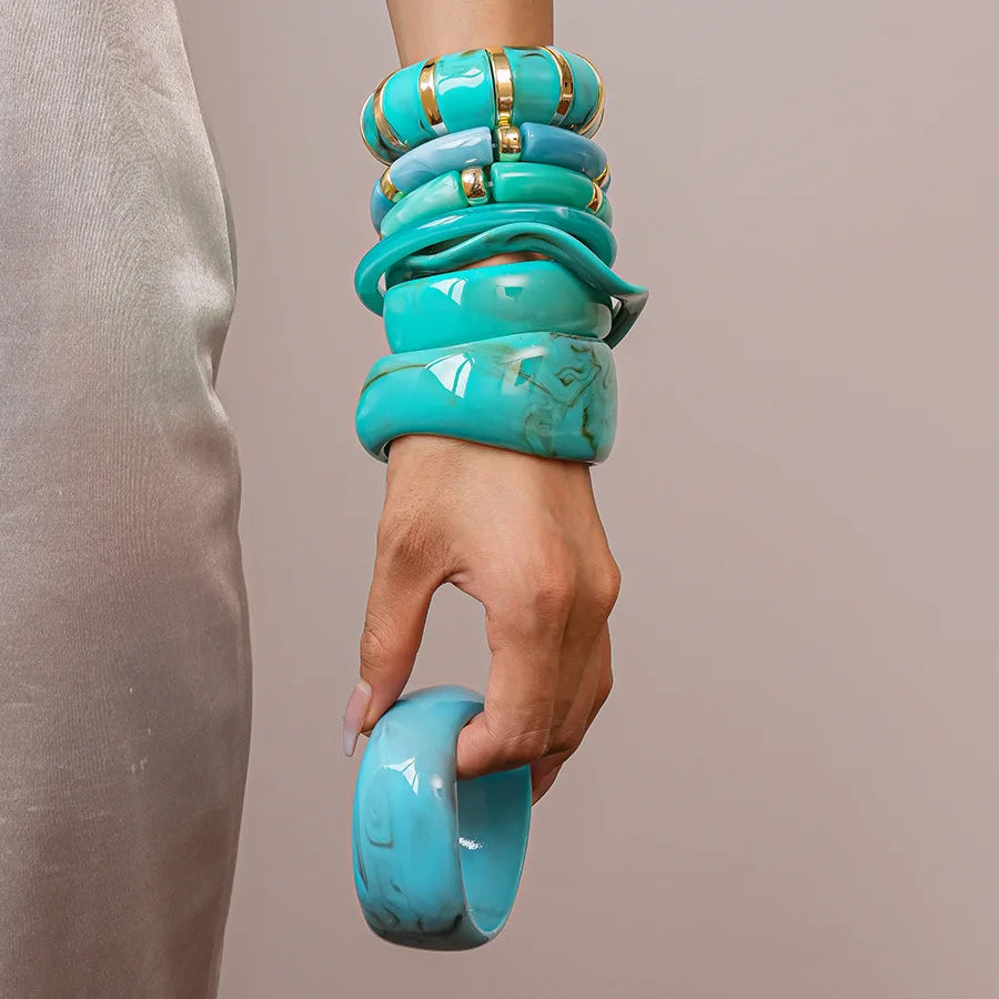 KMVEXO Vintage Turquoise Blue Geometric Resin Bangle Women Irregular Wide Bracelet Ladies Bohemian Beach Acrylic Bangles Jewelry