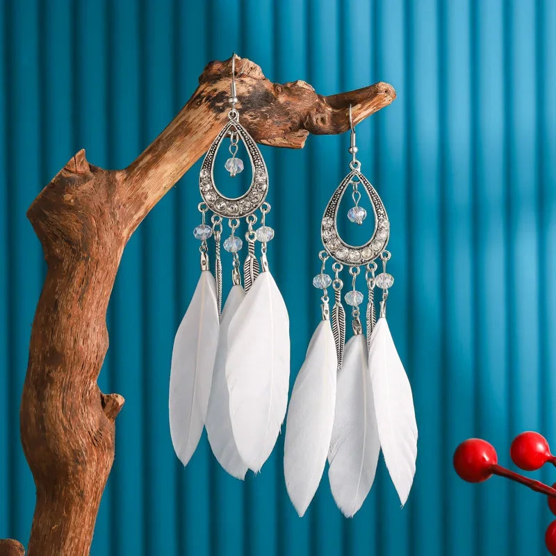 Bohemian Women Handmade Earrings For Female Colorful Long Feather Crystal Drop Tassel Dangle Earring Ladies Boho Jewelry Gift