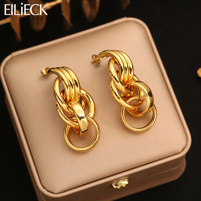 EILIECK 316L Stainless Steel Geometric Loops Dangle Earrings For Women New 18K Gold PVD Plated Ear Stud Water-resistant Jewelry