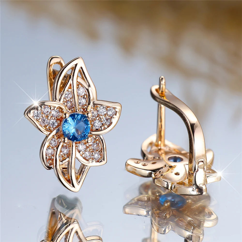 Cute Water Blue Red Zircon Hoop Earrings Female Luxury Crystal Rose Gold Color Wedding Jewelry For Women