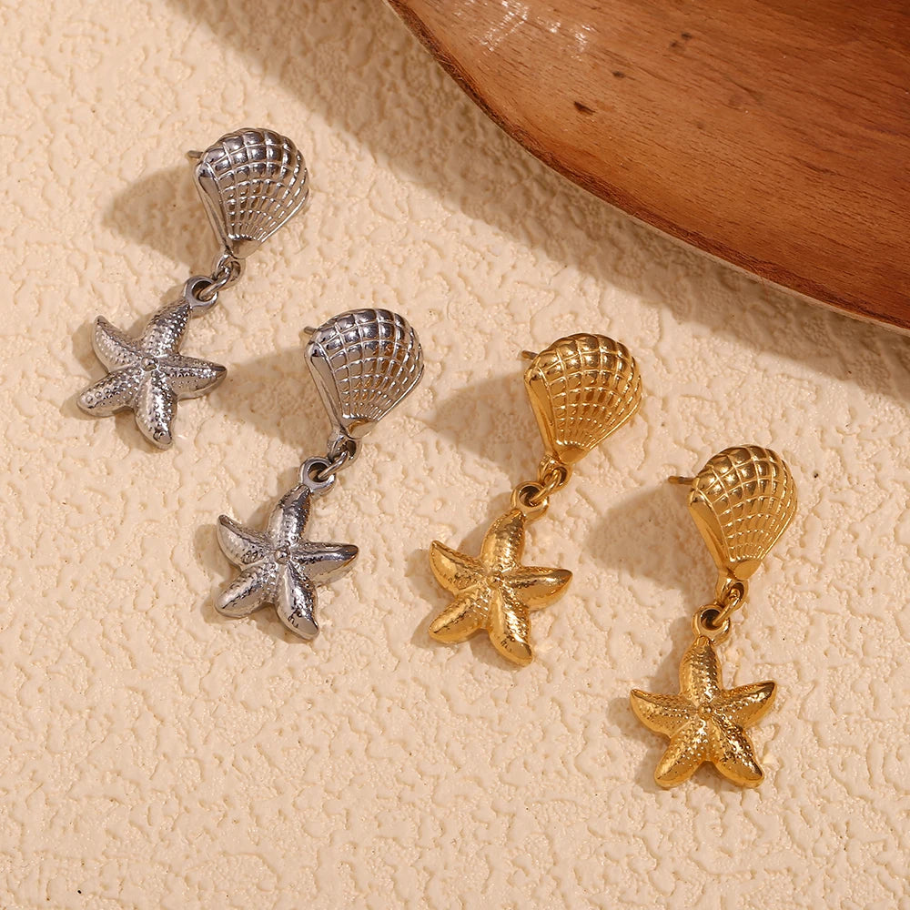E.B.belle Scallop and Starfish Splicing Earrings 316L Stainless Steel Women's Earrings 18K Gold Plated Decoration