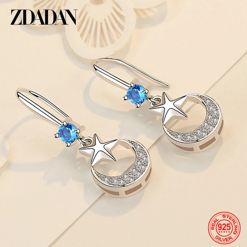 ZDADAN 925 Sterling Silver Star Moon CZ Dangle Earrings For Women Fashion Jewelry