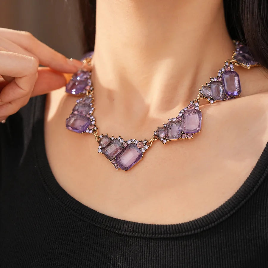 1 Pcs Purple Square Rhinestones Chokers Necklaces Retro Shiny Geometric Drop Earring Luxury Jewelry Set Gifts Wedding Party N