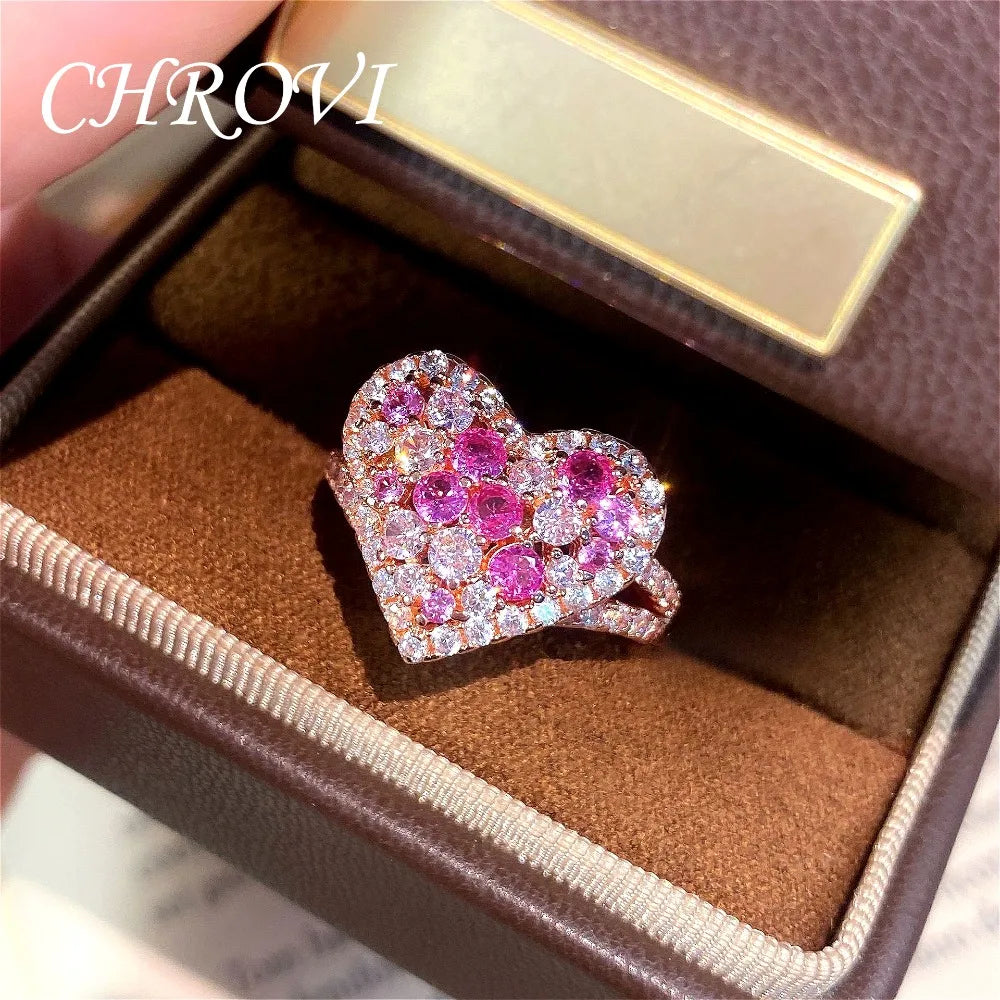 New 925 Sterling Silver Dazzling Full-Diamond Heart Ring, Trendy Luxury niche Sweet Heart-Shaped Ring for Women