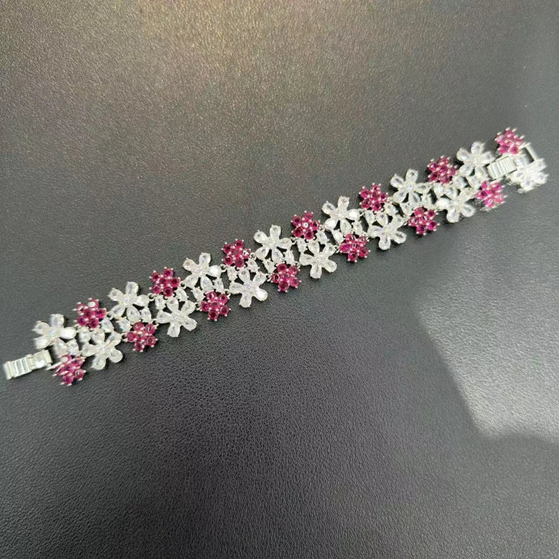 Luxury Cubic Zirconia Gemstone Bracelet Ring Earring Jewelry Set for Women Wedding Gift Colorful Stone Five Petal Flower Design