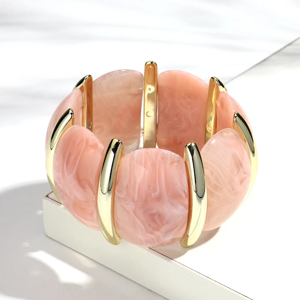Fashion Acrylic Colorful Wide Elastic Geometric Petal Bangle Bracelets Exaggerate Curved Beads Cuff Bracelet Gifts for Women