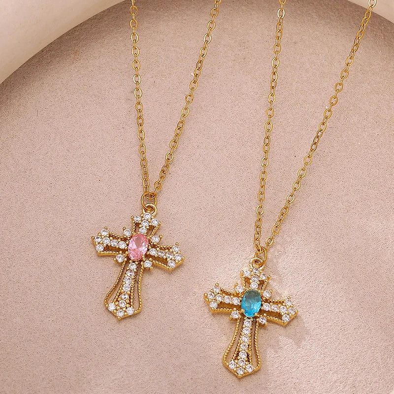 ANENJERY 316L Stainless Steel Crosss Pink Blue Zircon Necklace For Women Delicate Vintage French Personality Niche Jewelry Gifts