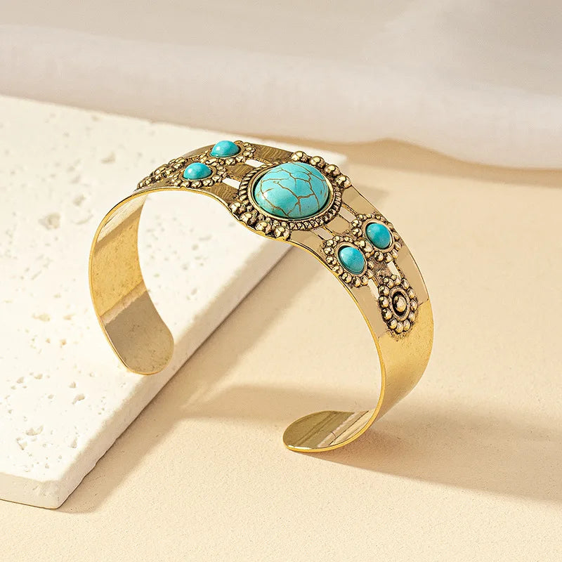 KMVEXO Retro Bohemian Turquoise Beaded Bangles for Women Resin Open Cuff Bracelets Bangle Vintage Gypsy Jewelry Female Gift