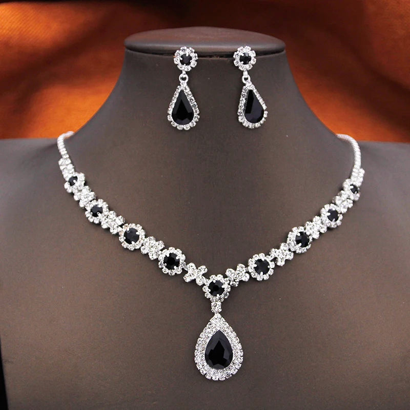 Women's Rhinestone Water Drop Bridal Jewelry Set Birthday Prom Purple Choker Necklace Earrings Wedding Bride Accessory Fashion
