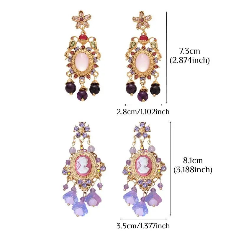 Vintage Palace Style Pendant Earrings, Floral Portrait Tassel Earrings, Light Luxury High-End Earrings, Vacation Earrings