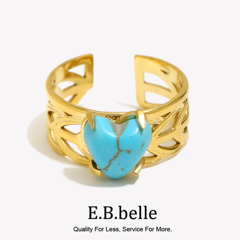 E.B.belle Leaf Pattern Natural Blue Turquoise Stone Heart Opening Ring 18K Gold Plated Stainless Steel Party Waterproof Jewelr y