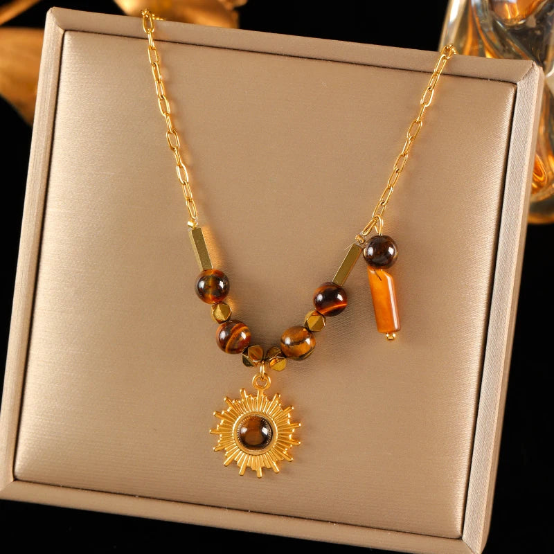 EILIECK 316L Stainless Steel Vintage Brown Beaded Pendant Necklace Bracelet Trendy For Women New Gift Waterproof Jewelry Set