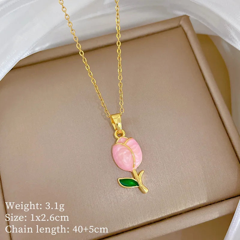 316L Stainless Steel Luxury Zircon Flower Pendant Necklace For Women Girl New Trend Clavicle Chain Jewelry Lady Gift