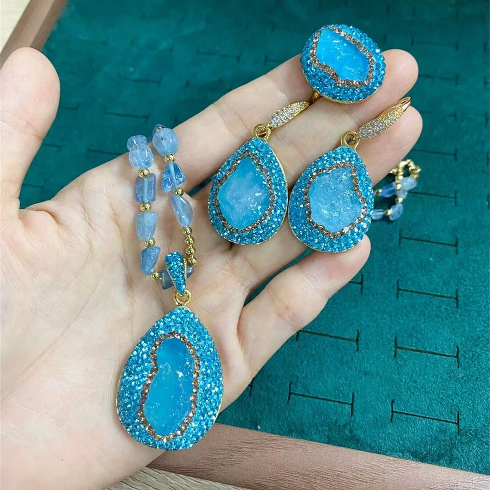 Turkish Raw Baroque Aquamarine Crystal Jewelry Set for Women Rhinestone Quartz Irregular Stone Necklace Ring Hook Earring Sets