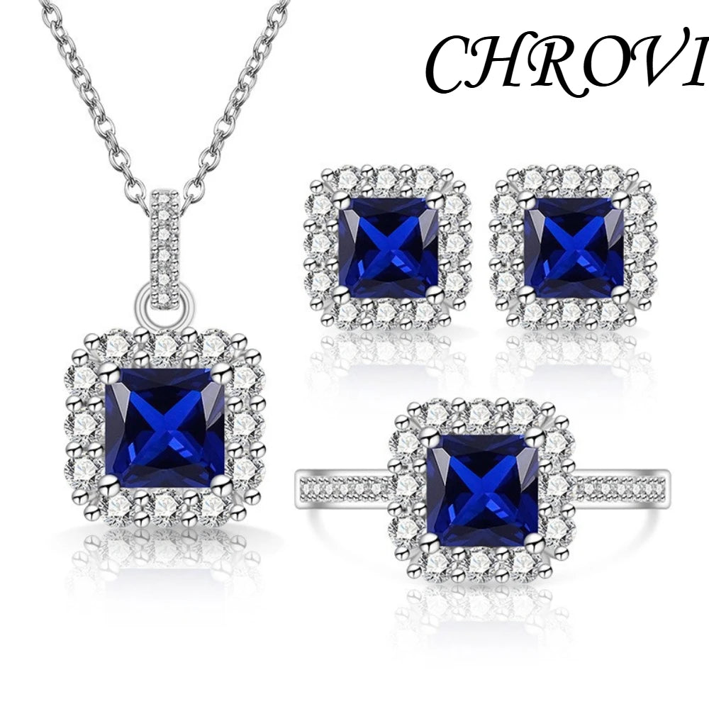 Luxury 925 Sterling Silver Gemstone Small Square Beads with Zirconia Necklace, Earrings, Ring Set and Decorative Items