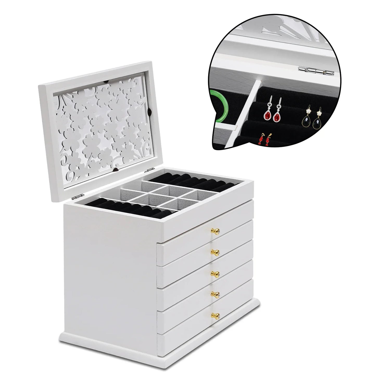 Wood Jewelry Box& Organizer,NEWEST 6 Layers Jewellery Case W/ 5 Drawers, for Bracelets Necklaces Earrings Rings, 12.2x 7.9x 9.6"