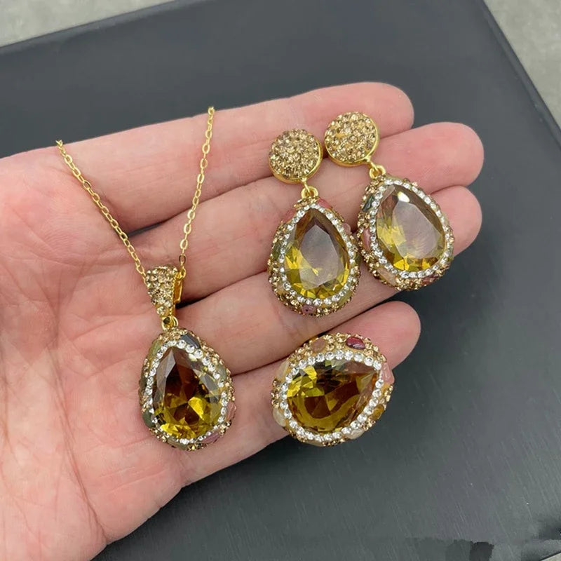 Unique Sudan Stone Crystal Charm Necklace Stud Earring Set Sultanite Color Change Tourmaline Waterdrop Zultanite Jewelry Sets