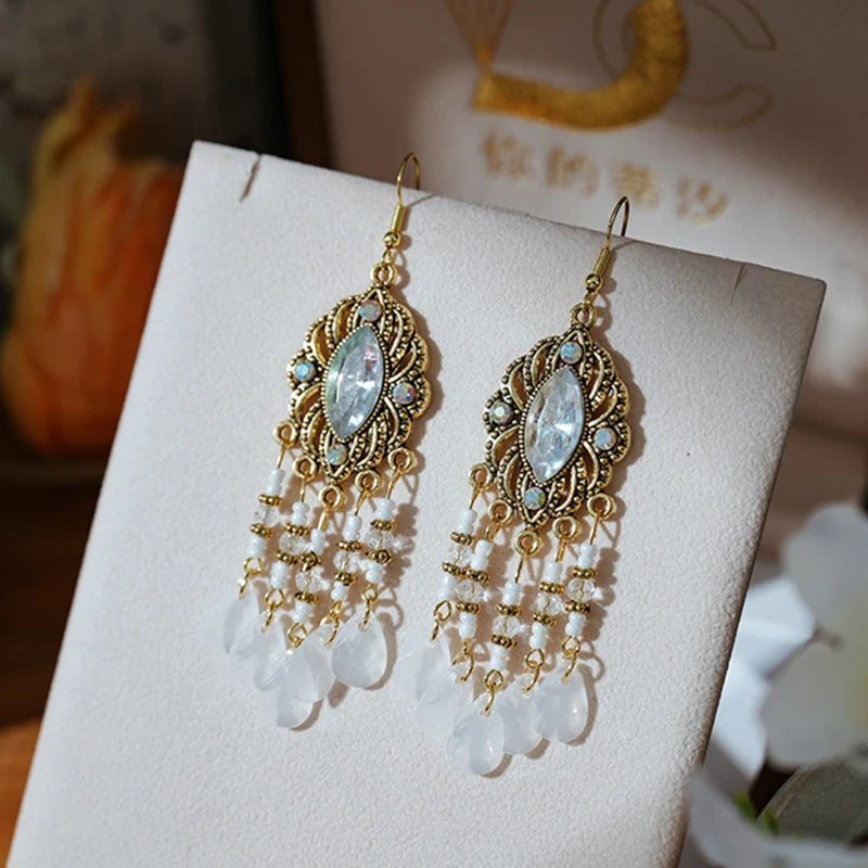 New Bohemian Ethnic Colorful Water Drop Tassel Earrings for Women Long Hollow Antique Gold Color Dangle Earring Pendientes Mujer