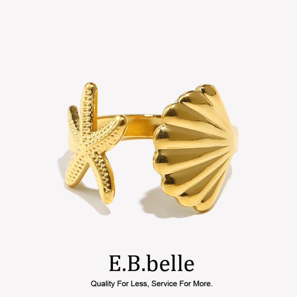 E.B.belle Personality Shell Starfish Opening Rings for Women New Fashion 316L Stainless Steel  PVD Plating Jewelry Decoration