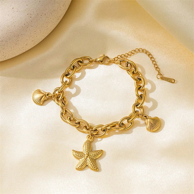 EILIECK 316L Stainless Steel Starfish Shells Charm Bracelet For Women New Trendy Wrist Chain 18K Gold Plated Jewelry Gift Party