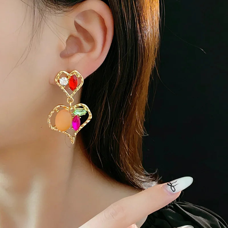 Heart Inlaid Rhinestone Earrings for Women Korean Girl Heart Drop High-grade Temperament Female Accessories Wedding Gifts
