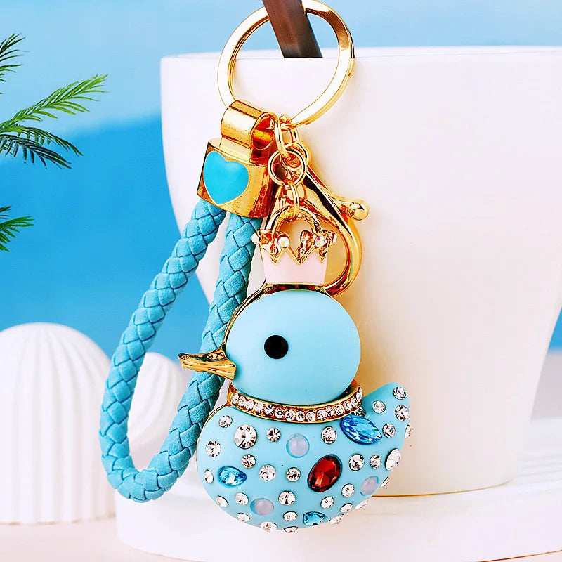 Creative rhinestone cute big yellow duck car keychain women's bag pendant metal key chain ring festival gift wholesale