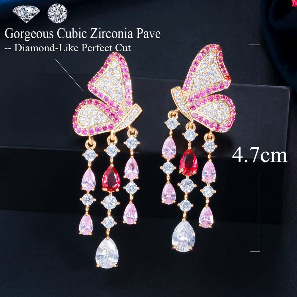ThreeGraces Elegant Black Cubic Zirconia Butterfly Shape Long Dangle Tassel Earrings for Women New Fashion Party Jewelry E1281