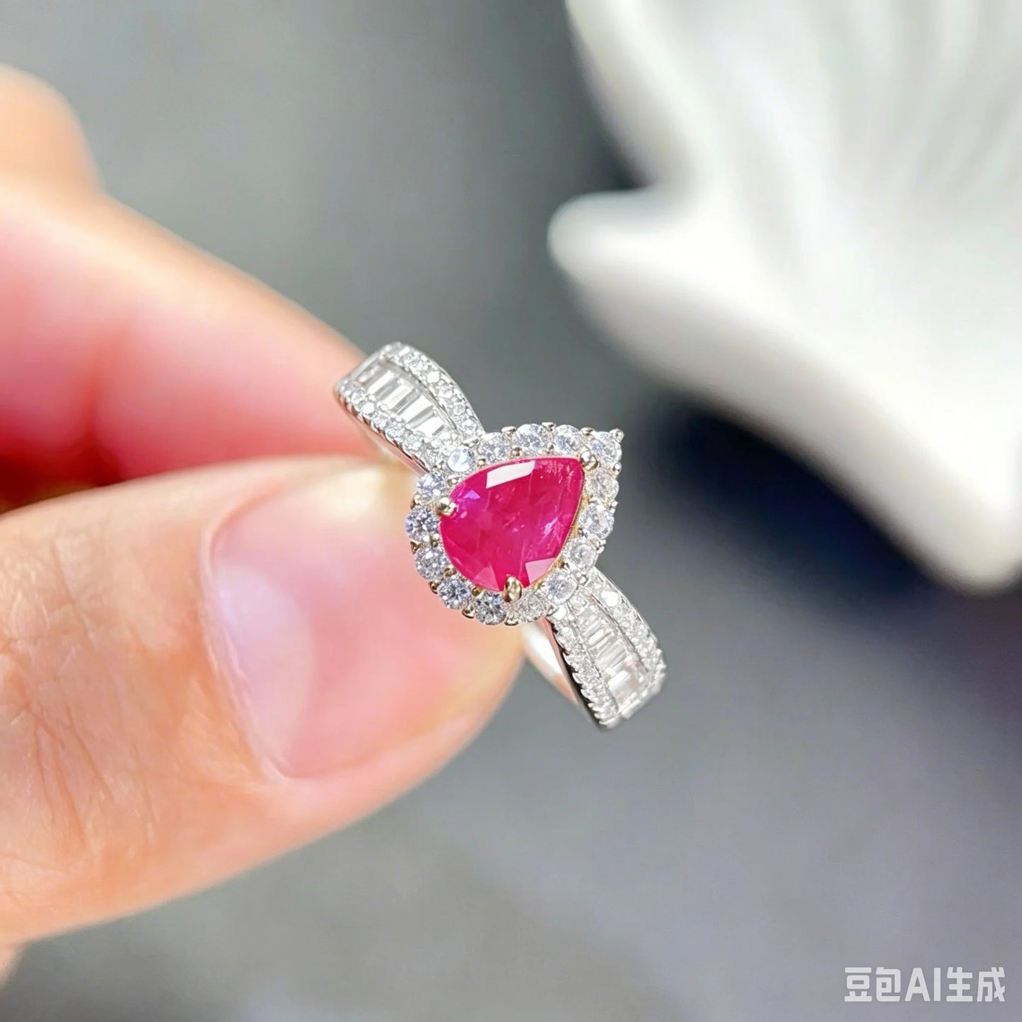 925 Silver Natural Ruby Ring With Certificate 5*7mm Pear Shape Red Gemstone Halo Split Shank Statement Ring For Women Daily Wear