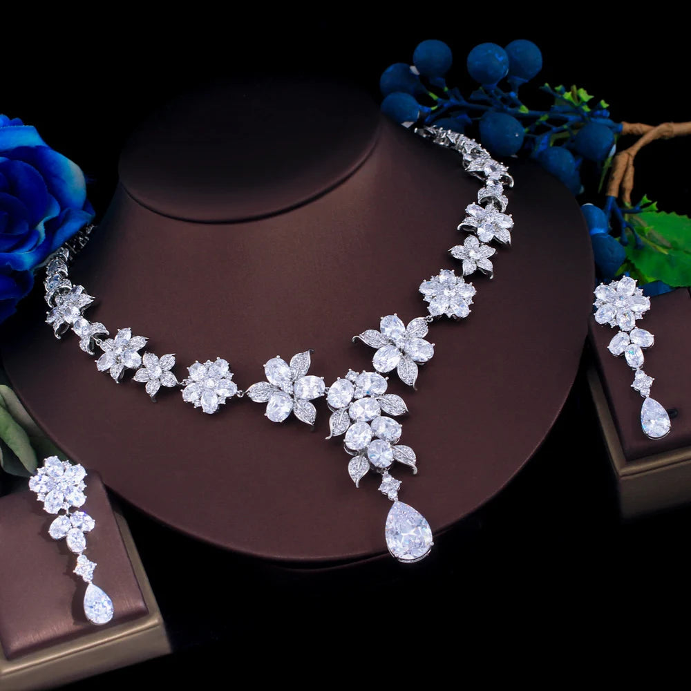 ThreeGraces Luxurious Shiny Water Drop Zirconia Long Flower Necklace Earrings Bridal Wedding Party Jewelry Set for Women T1028