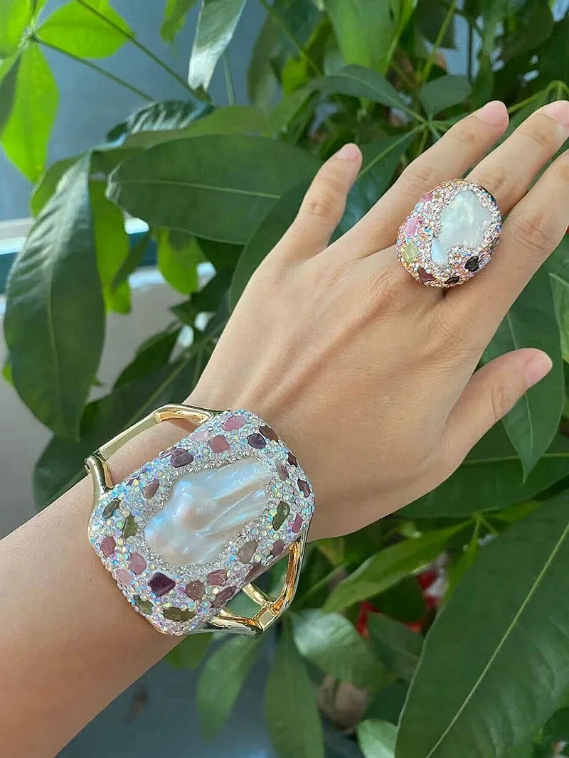 Raw Baroque Freshwater Pearl Open Bangle Women Natural Tourmaline Crystal Cuff Bracelet AB Color Rhinestone Fashion Jewelry