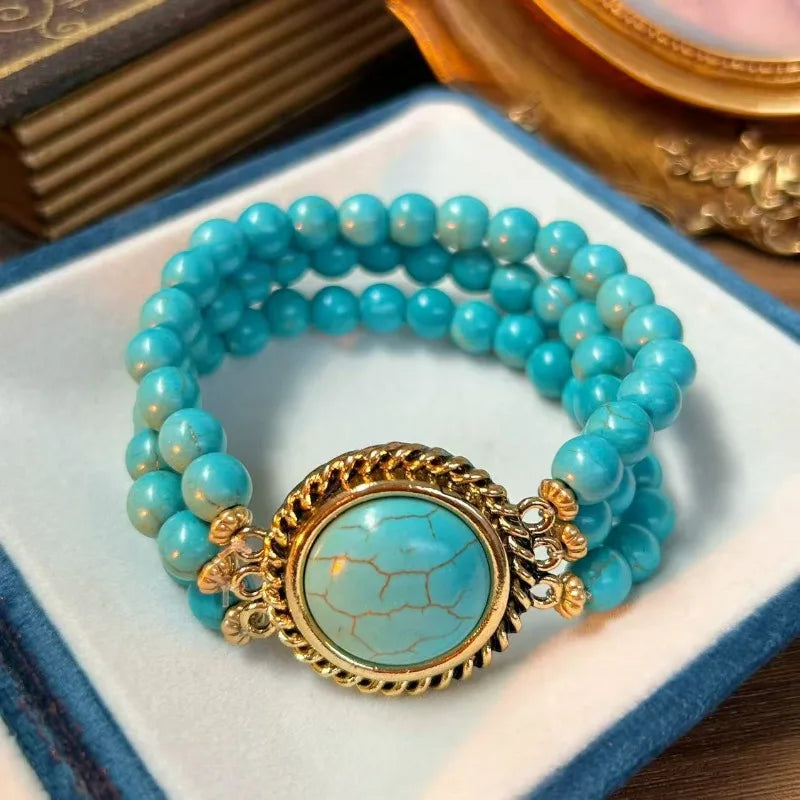 Turquoise Bracelets for Women Multilayered Vintage Versatile Jewelry Fashion Elegant Ethnic Style Beads Pulseras Mujer