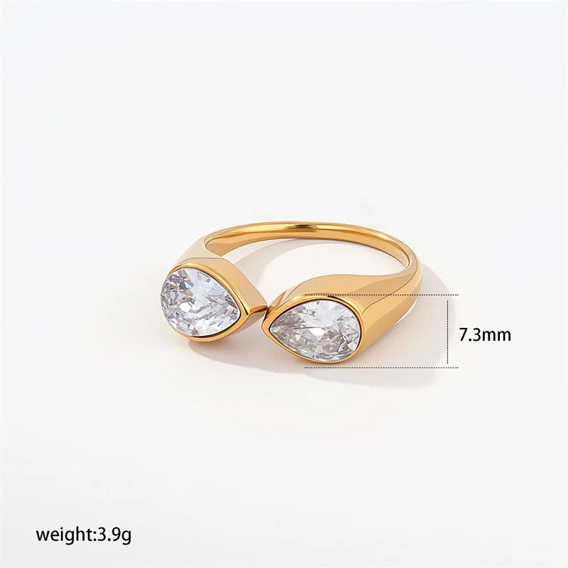 EILIECK Delicate Cubic Zirconia Teardrop Adjustable Rings Stainless Steel Fashion Open Ring High Quality Chic Charm Jewelry