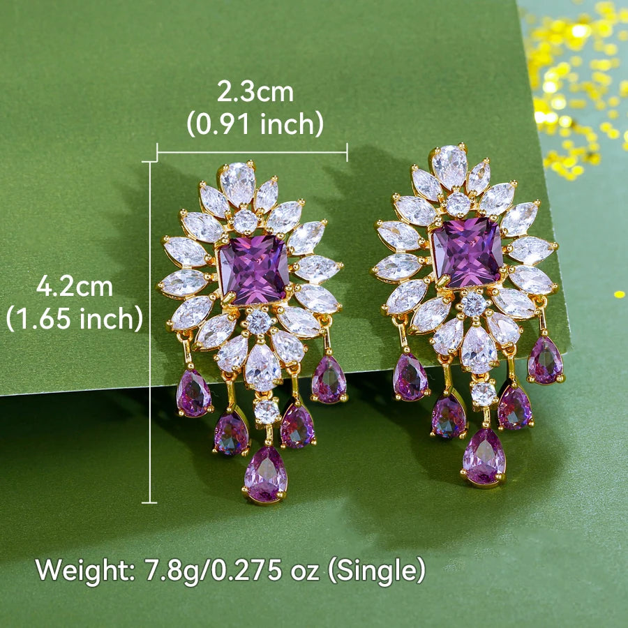 ThreeGraces Luxury Shining Purple White Zirconia Big Long Bridal Wedding Party Tassel Drop Earrings for Women Chic Jewelry E2009