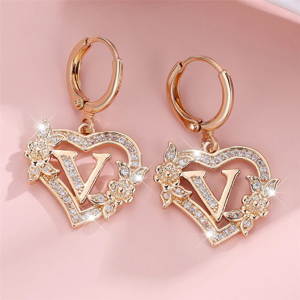 Female A-Z 26 Letter Heart Flower Hoop Earrings Yellow Gold Color White Zircon Wedding Jewelry For Women