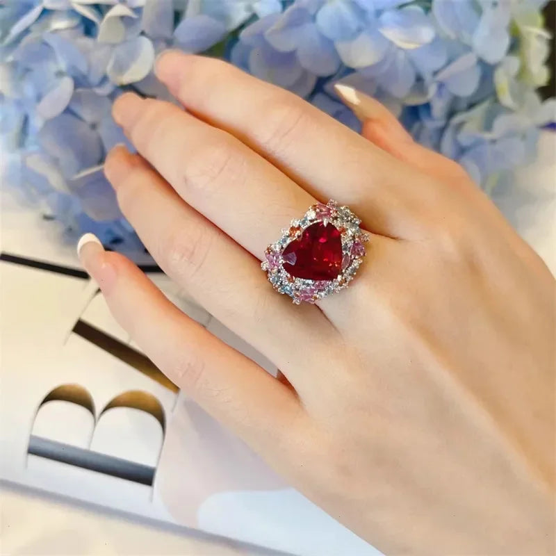 Simple Heart Ruby Ring for Women Female 925 Sterling Silver Open Finger Rings Romantic Gift for Girlfriend Zircon Jewelry