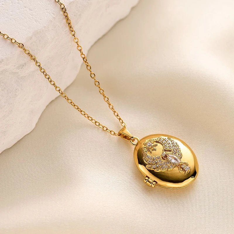 ANENJERY 316L Stainless Steel Openable Oval Heart Photo Frame Zircon Necklace For Women Delicate Vintage Jewelry Gifts Wholesale