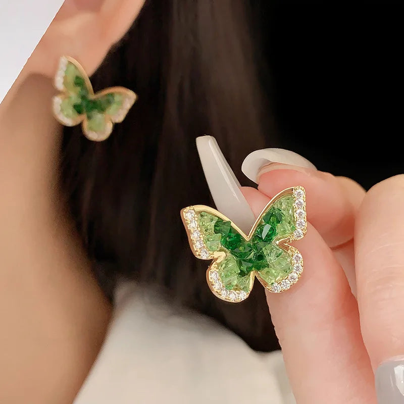 Gold Plating Zircon Green Crystal Butterfly Stud Earrings for Women Partysu Fashion Earring Luxury Silver Jewelry New