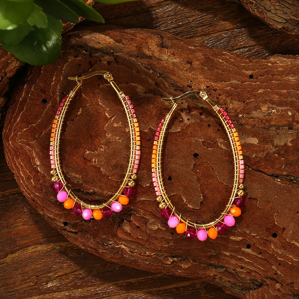 Badu Boho Colorful Woven Crystal Beads Oval Hoop Earrings for Women Stainless Steel Handmade Jewelry Bohemia Fashion Gifts
