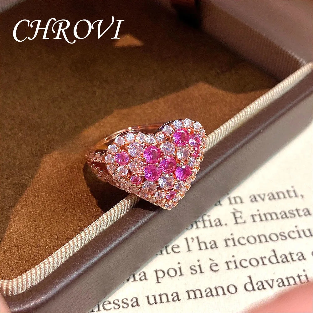 New 925 Sterling Silver Dazzling Full-Diamond Heart Ring, Trendy Luxury niche Sweet Heart-Shaped Ring for Women