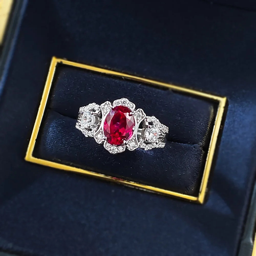 Vintage 100% 925 Sterling Silver 6*8mm Blood Ruby Rings for Women Lab Diamond Gemstone Cocktail Party Fine Jewelry Birtyday Gift