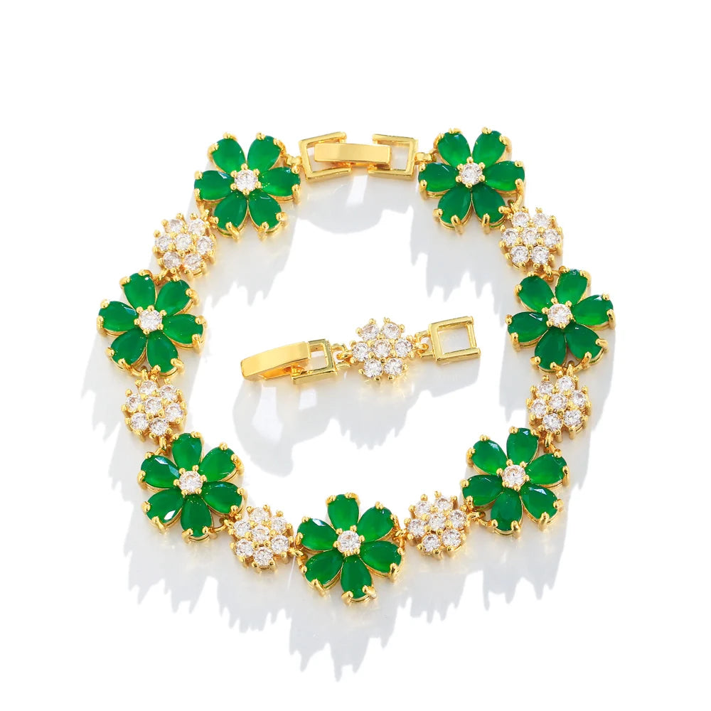 ThreeGraces High Quality Green Cubic Zirconia Gold Color Flower Link Chain Bracelet for Women Fashion Dubai Party Jewelry BR294