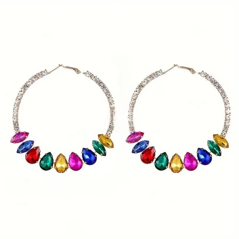1 Pair Luxury Fashion Statement Hoop Earrings Multicolor Rhinestone Embellished Round Circle Design Ear Jewelry Gifts for Women
