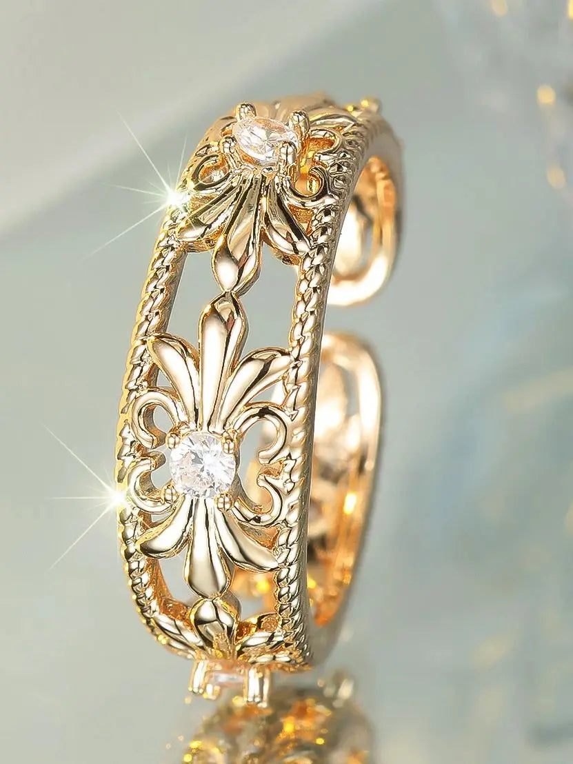 Cute Female White Zircon Flower Open Ring Gold Color Wedding Rings Promise Adjustable Engagement Jewelry For Women