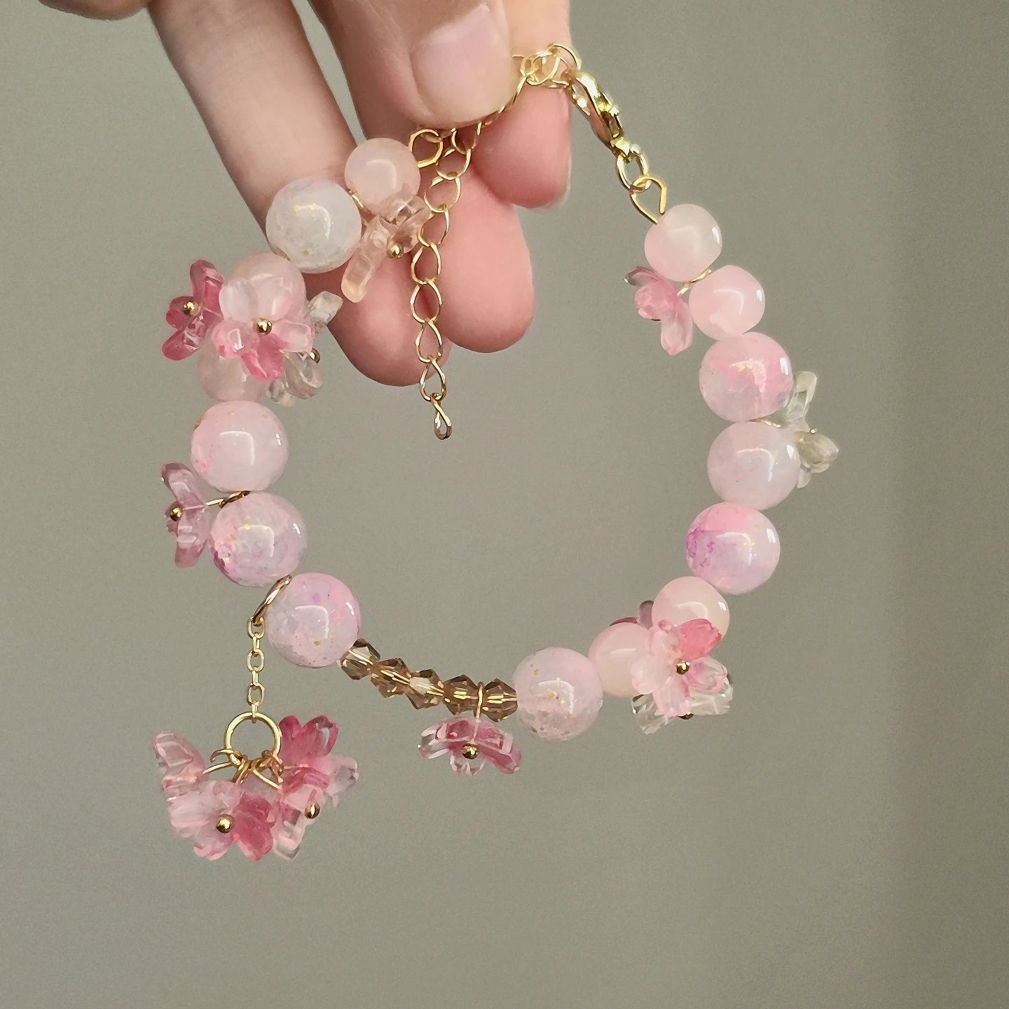 Pink Plum Cherry Blossom Crystal Butterfly Flower Berry Bracelet Women and Girls Sweet Delicat Jewelry Gifts
