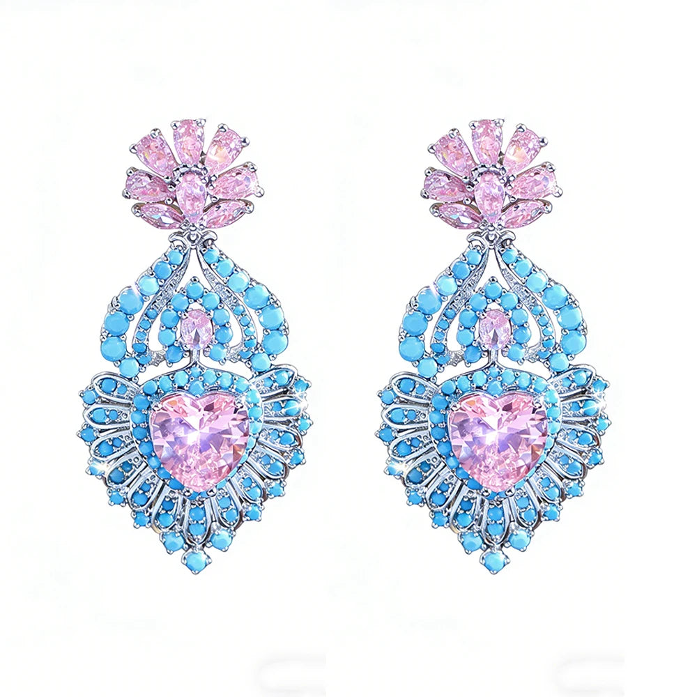 ThreeGraces Luxury Shiny Pink Heart Zirconia and Synthetic Turquoise Women Long Big Bridal Wedding Party Earrings Jewelry E2052