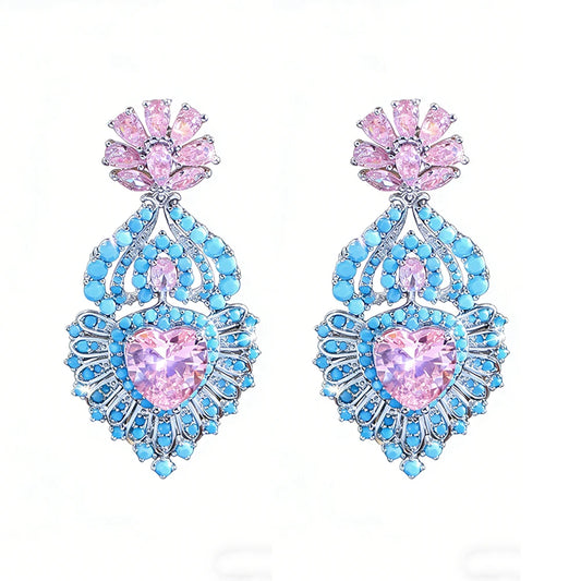 ThreeGraces Luxury Shiny Pink Heart Zirconia and Synthetic Turquoise Women Long Big Bridal Wedding Party Earrings Jewelry E2052
