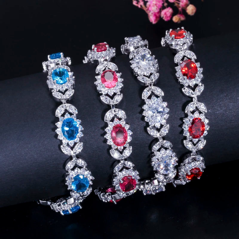 ThreeGraces Delicate Royal Blue Cubic Zirconia Flower Shape Tennis Bracelet for Women Wedding Engagement Costume Jewelry BR196