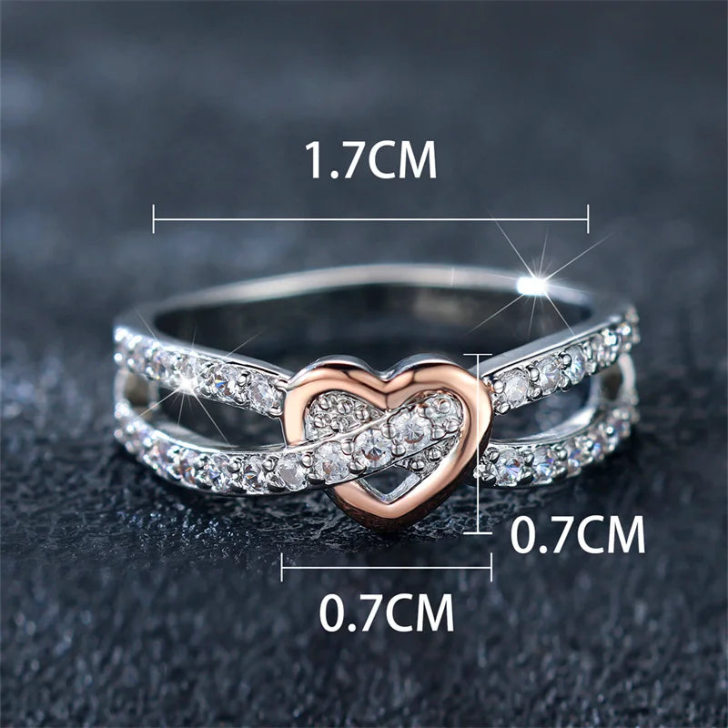 Simple Female White Zircon Stone Ring Rose Gold Silver Color Heart Engagement Bride Wedding Jewelry For Women