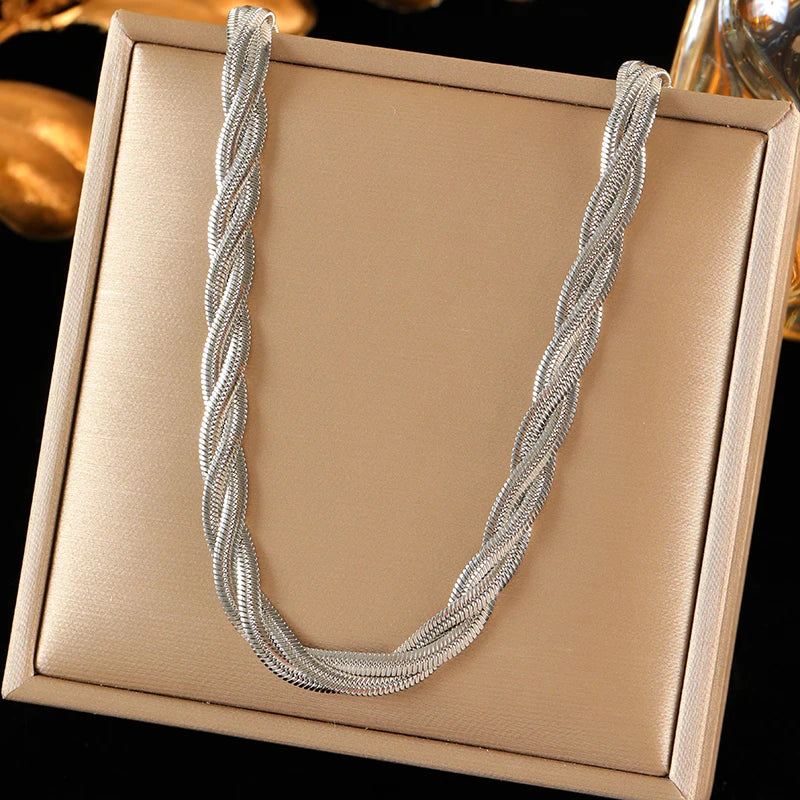 EILIECK 316L Stainless Steel Metal Cross Woven Chain Necklace Bracelet Set For Women Fashion Statement Waterproof Jewelry Gift